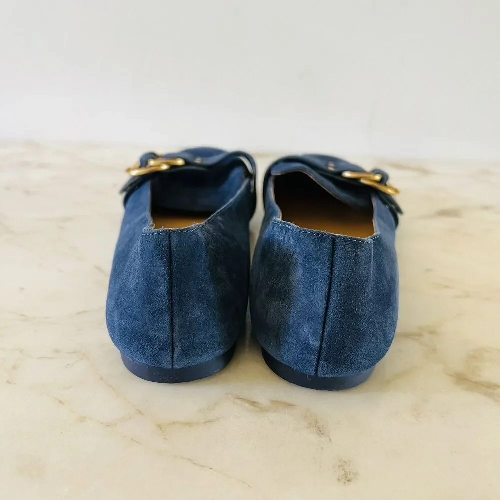 TORY BURCH Solid Blue Suede Smoking Flat Flats Gold Logo Buckle - US 7.5